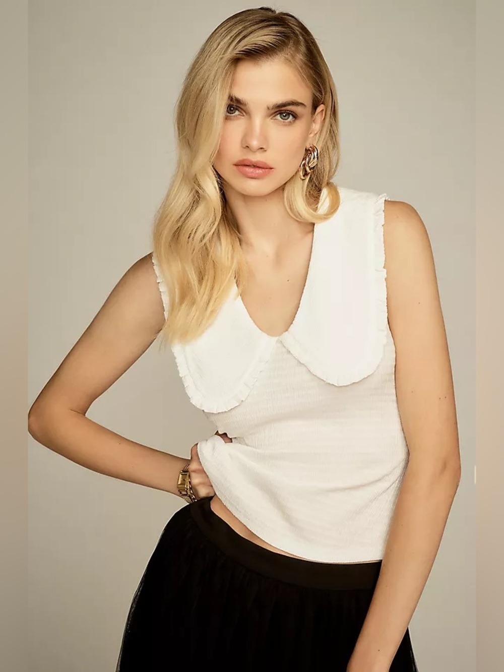 Maeve Ruffled Round - Collar Gingham Tank Top in White
